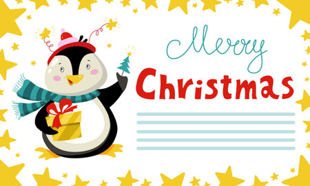 Merry Christmas and happy new year with cute penguin. Greeting card with cute animal. Animal in winter costume and yellow gift cartoon character.のイラスト素材