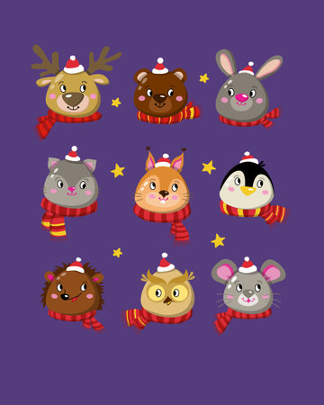 Christmas animals stickers. New Years clipart set hand drawn style - cute bear, mouse, rabbit, holiday, squirrel, deer, penguin.のイラスト素材