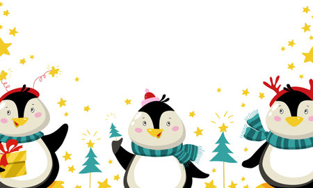 Christmas card with penguin flat. Cute animals on the white background with stars. New Years card. Vector illustration.のイラスト素材