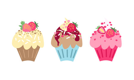 Set of cute vector cupcakes and muffins. Colorful strawberry desserts on a white background.のイラスト素材