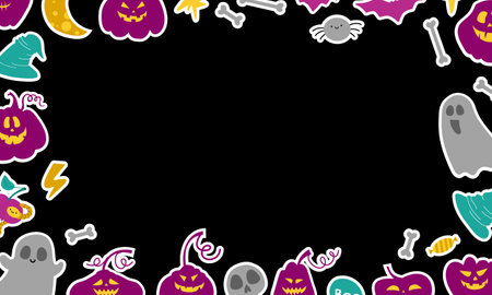 Halloween cozy frame with ghost, potion, apple, bats, lightning, pumpkins, bones. Autumn template with magic elements. Vector illustration on a black background.のイラスト素材