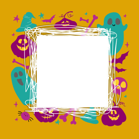 Halloween orange template with cartoon holiday characters, vector decorative frames. Spooky ghosts with pumpkins. Various textbooks, stack of books, notebooks. Modern design vector illustration concept for website and mobile website development.のイラスト素材