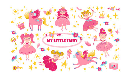 Cartoon set cute fairy with pink unicorn in a skirt. illustrations flat collection, isolated design elements. Vector illustration.のイラスト素材