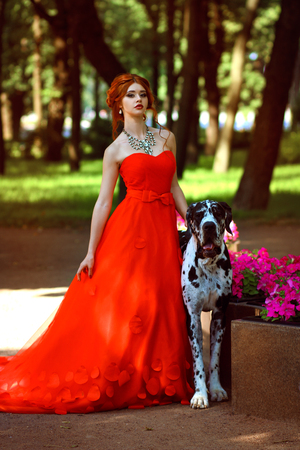young beautiful girl in a red dress with a big dogの写真素材