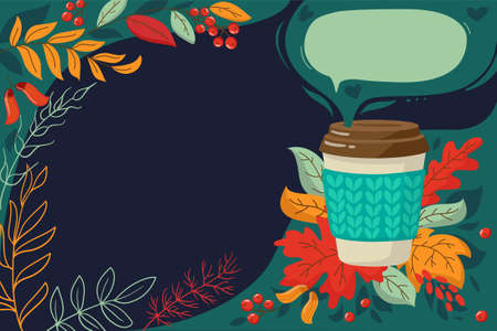 Banner for promotions, coffee shop, flyer, sale, advertising. Autumn red, yellow leaves and a cup of coffee. Autumn mood, paper cup in a knitted stand. Coffee to go, take away, coffee delivery.のイラスト素材