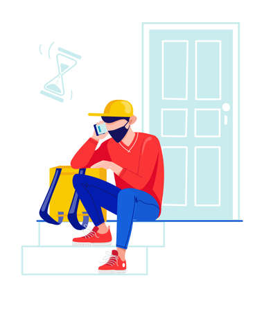 The courier sits near the door waiting for customers. The delivery man is waiting. Difficulties in the work of the courier and delivery service. Courier calls customers, near the door.のイラスト素材
