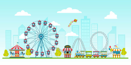 Amusement park on urban landscape background with ticket office, kiosk with ice cream, ferris wheel, balloons, carousel with horses and train. Circus, Fun fair and Carnival vector illustration.のイラスト素材