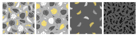 Vector set of seamless patterns of tropical leaves, plants, flowers on grey and yellow. Beautiful print with exotic plants. Botanical design of fabrics, wallpapers, natural cosmetics, perfumesのイラスト素材