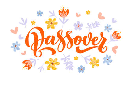 Happy Passover vector hand lettering with flowers. Jewish holiday Easter. Template for typography poster, greeting card, banner, invitation, postcard, flyer, sticker. Illustration isolated on whiteのイラスト素材