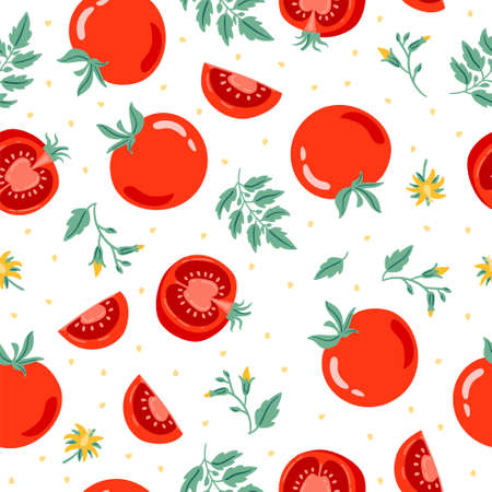 Red tomato seamless pattern vector illustration. Cut tomato, tomato slice, leaves, flowers and tomato seeds. Cartoon vegetable for fabric, tablecloth, kitchen textiles, for clothing, wrapping paperのイラスト素材