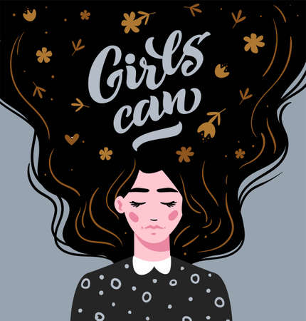 Girl Can. Vector lettering. Girl with long hair with text. Hand drawn long hair beautiful girl. Modern vector illustration. Template for cards, greetings, flyer, banner.のイラスト素材