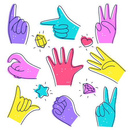 Set of cute Diverse Hands. Illustration in doodle style. Designation of numbers with hands, gestures isolated on white. Flat design. Hand drawn trendy Vector illustrationのイラスト素材