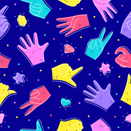 Seamless pattern with Diverse Hands. Illustration in doodle style. Designation of numbers with hands, gestures. Flat design. Hand drawn trendy Vector. For printing on fabrics, wallpapers, coversのイラスト素材