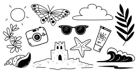 Various attributes of summer drawn in a trendy doodle style - sun, cloud, butterfly, sunglasses, sunscreen, seashell, sand castle, camera, waves, palm branch, starfish. Vector illustration isolatedのイラスト素材