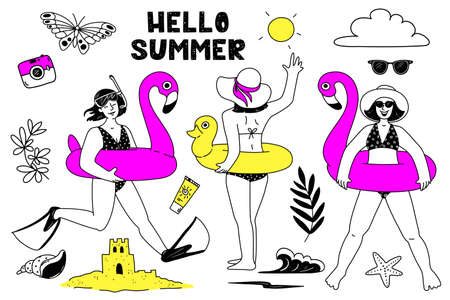 Girls with an inflatable pink flamingo, with a yellow inflatable duckling. Set of varied summer symbols in doodle style. Hand-drawn lettering HELLO SUMMER. Vector elements isolated on whiteのイラスト素材