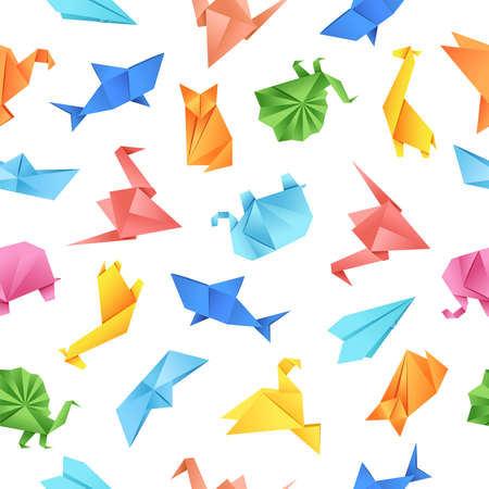 Origami paper shape seamless pattern on white background. Vector illustration for fabrics, textiles, wrapping paper. Bright, positive wrapperのイラスト素材