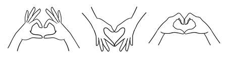 Hand sketch shows heart shape gesture, hand drawing line art illustration. Modern logo, graphic design isolated on white background. People body language concept denoting loveのイラスト素材
