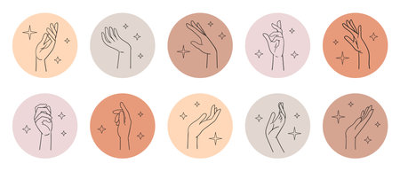 Diverse female hands in various poses. Wrist linear sketch, hand icons in circles. Vector illustration isolated on whiteのイラスト素材