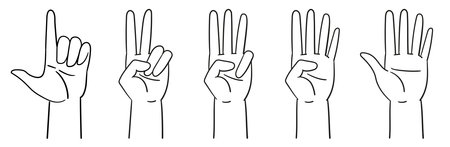 Designation of numbers with hands, gestures. Counting to five - hands. Vector illustration isolated on white. line artのイラスト素材