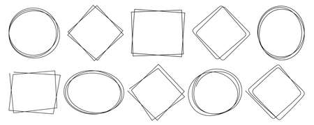 Modern linear frames in a minimalistic style. Various shapes of frames, vector illustration isolated on white.のイラスト素材