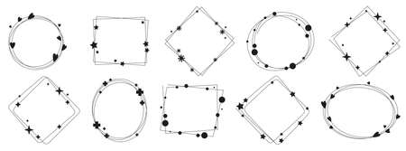 Modern linear frames in a minimalistic style with elements of hearts, stars, crosses, snowflakes, circles. Various shapes of frames, vector illustration isolated on white.のイラスト素材