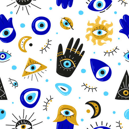 Seamless pattern with Cartoon Evil eyes. Blue Evil eye, Hamsa, Hand of Fatima, Eye of Providence. Vector illustrations of amulets for print, fabric, wallpaper, clothing, wrapping paper.のイラスト素材