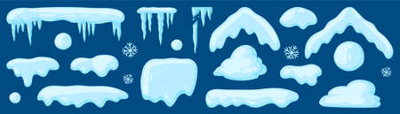Vector set of snow caps, heaps, icicles, snowball, and snowdrifts. Seasonal elements, winter decorations, snow texture, roofs in the snow. Vector illustration isolated on white backgroundのイラスト素材