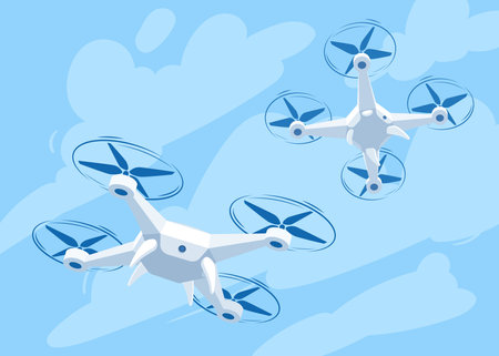 Flying drone with blue sky background, vector illustration. Cartoon drones flying in different anglesのイラスト素材