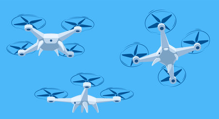 Flying drone with blue sky background, vector illustration. Cartoon drones flying in differentのイラスト素材