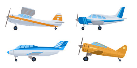 Cartoon set of private, small, propeller planes. Vector illustration isolated on white background.