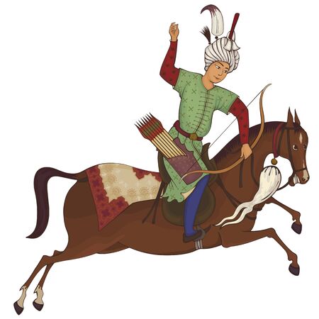 Horse rider.Persian miniature stylized illustration.Medieval sceen.Mughal design.のイラスト素材