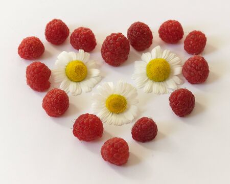 raspberry berries and chamomile flower. cold treatment. ethnoscience. raspberry heart