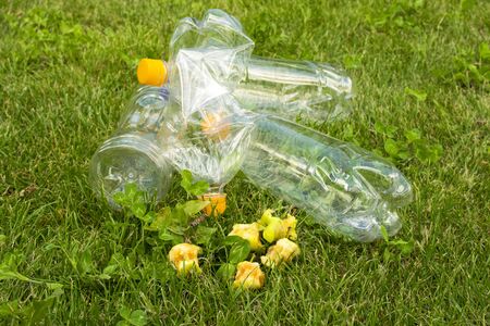 Plastic bottles lie on the green grass. Pollution of nature. Rubbish on the lawn.の写真素材