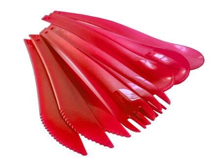 Disposable plastic picnic utensils. Bright set of dishes. Cutlery.の写真素材