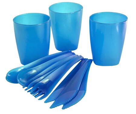 Disposable plastic picnic utensils. Bright set of dishes. Cutlery.の写真素材