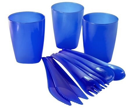 Disposable plastic picnic utensils. Bright set of dishes. Cutlery.の写真素材