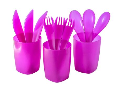Disposable plastic picnic utensils. Bright set of dishes. Cutlery.の写真素材