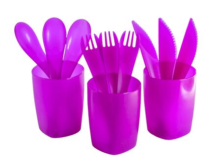 Disposable plastic picnic utensils. Bright set of dishes. Cutlery.の写真素材