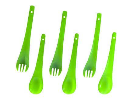 Disposable plastic picnic utensils. Bright set of dishes. Cutlery.の写真素材