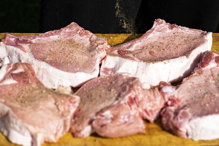 Cooking pork meat for barbecue. Pork with olive oil and spices. Raw pork steaks. Marinating meat. Rest at nature.
の写真素材