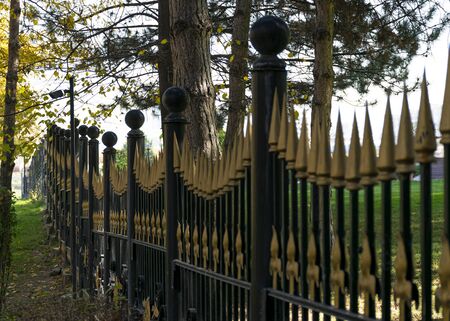 Iron fence with gilded peaks and a video camera. Security system. The border of the site.の写真素材