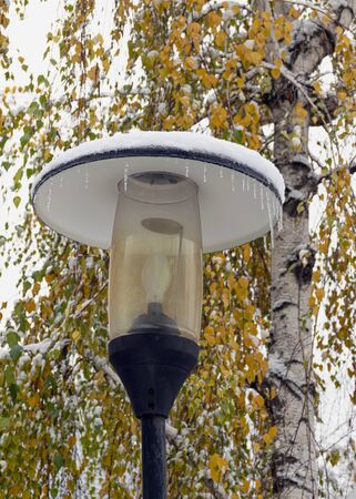 A street lamp with icicles stands on the street in cold weather. A lantern covered with snow on a background of yellow leaves in the fall. First snow.の写真素材