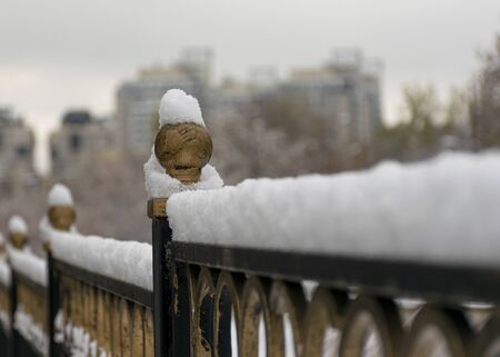 The first snow lies on the railing of metal near the river in the city. Frozen railing. Cold winterの写真素材