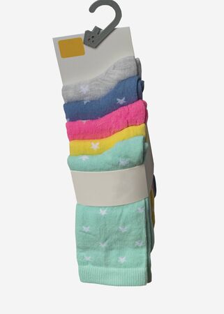 Children's multi-colored socks with a pattern of stars. Top view, isolated. Many different socks for the cold seasonsの写真素材