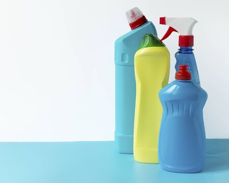 Cleaning products. Bottle with liquid for cleaning floors, windows. House cleaning and disinfection. Spring cleaning at homeの写真素材