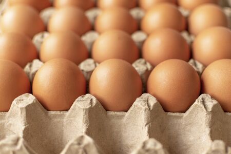 Brown egg in paper packaging. Container for eggs. Recycling. Healthy rustic breakfastの写真素材