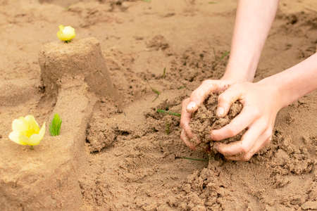 A child builds sand castles on the beach in the summer. Sea tour. Childs hands in the sand. Entertainment in the fresh air..の写真素材