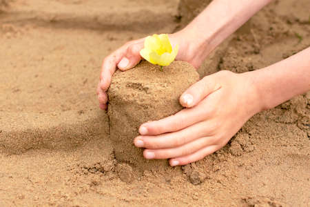 A child builds sand castles on the beach in the summer. Sea tour. Childs hands in the sand. Entertainment in the fresh air..の写真素材