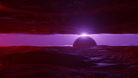 Panorama of Mars at sunset, sunrise above the surface of Mars, Martian landscape. Fantasy cosmic...