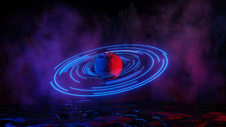 Night futuristic landscape. Full golden moon in the night starry sky. Reflection of the moon in the...